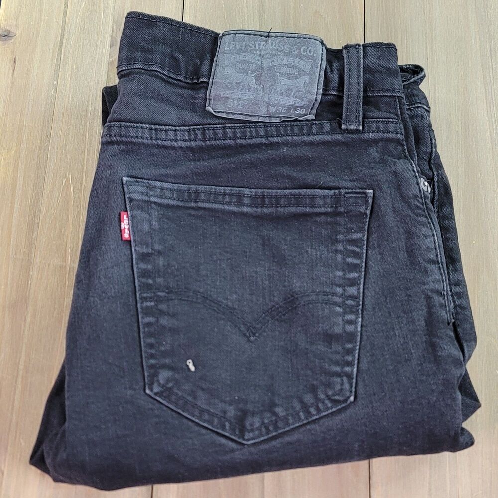 Levi's 511 Slim Fit Mens Black Jeans 36x30 Distressed Denim Pants OEM